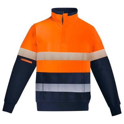 Mens Orange Flame Hi Vis 1/4 Zip Brushed Fleece Pullover - Hoop Taped Thumbnail