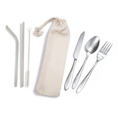 Banquet Stainless Steel Cutlery & Straw Set in Calico Pouch Thumbnail